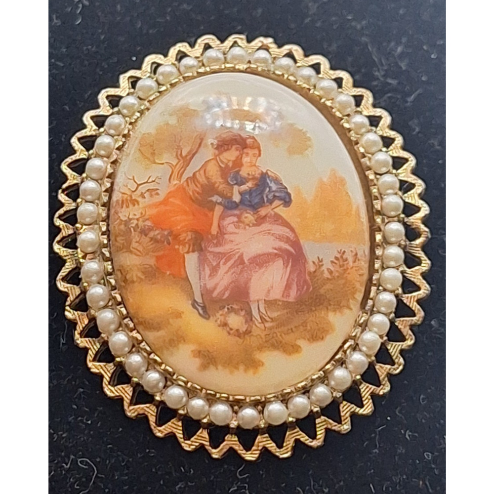 Vintage Denise Fragonard Courting Couple Brooch Pendant Faux Pearl Victorian 2" - Picture 2 of 7